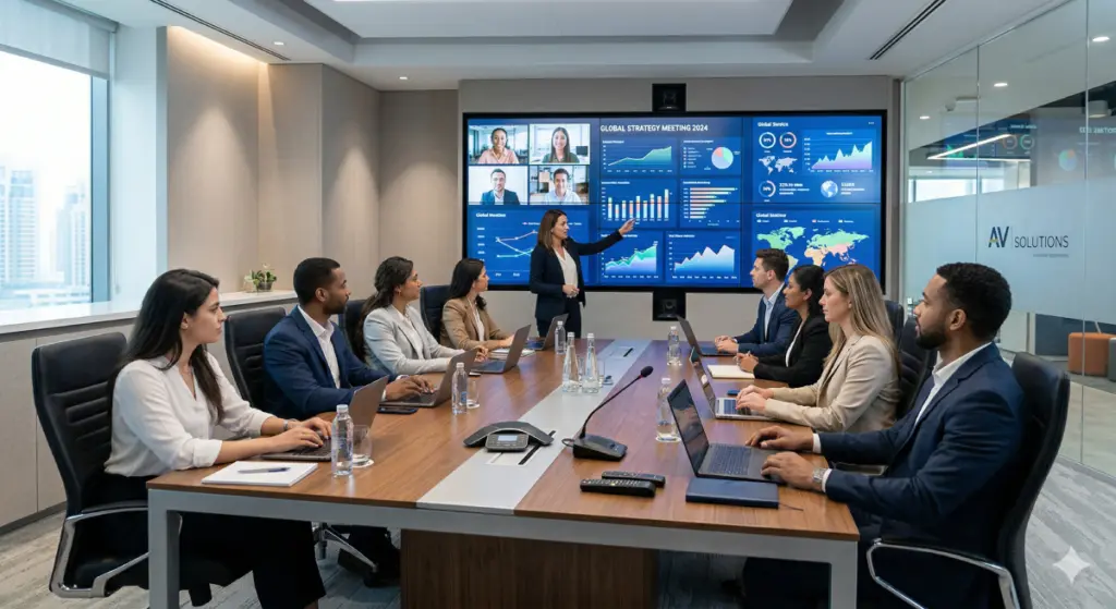 מסך Video Wall ענק בחדר ישיבות מודרני המציג נתונים עסקיים ושיחת ועידה בוידאו