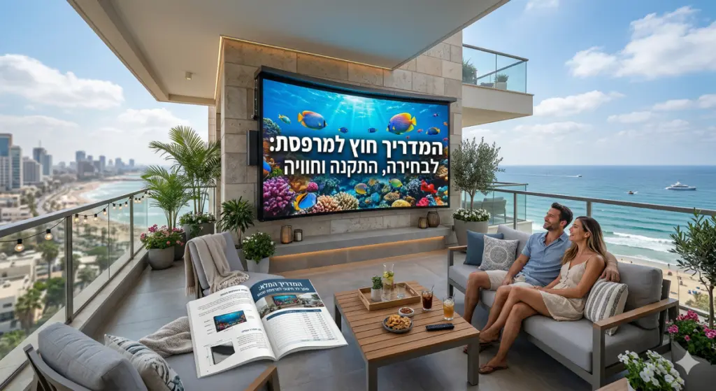 מסך לד חיצוני ענק ומקצועי המותקן במרפסת שמש יוקרתית עם נוף לים, מציג תוכן צבעוני תחת אור יום מלא לצד פינת ישיבה מעוצבת וחוברת הדרכה לבחירה והתקנה של מסכי חוץ.