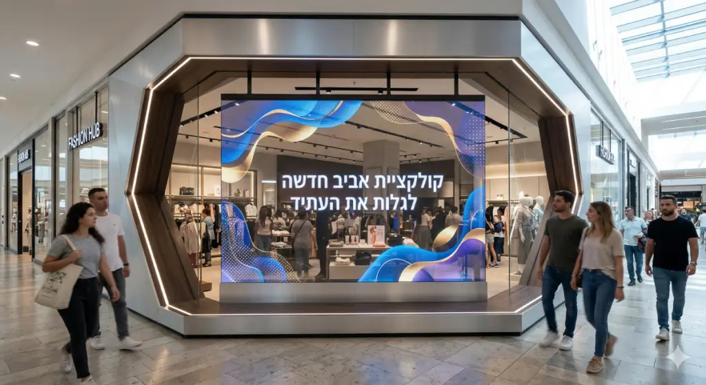 מסך LED שקוף (Transparent LED) המותקן בחלון ראווה של חנות יוקרה, מציג גרפיקה דינמית