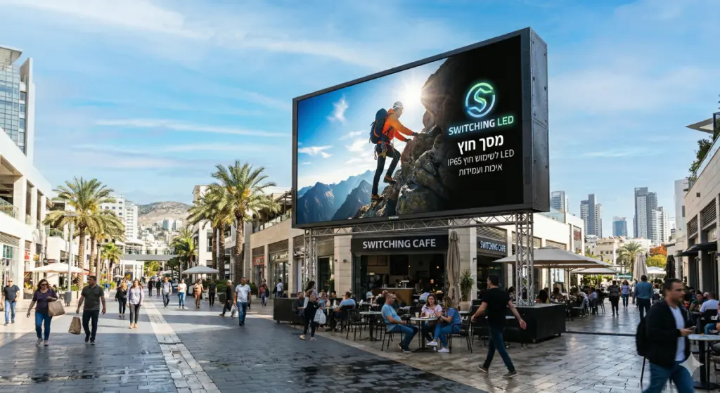 מסך לד חיצוני ענק מבית Switching LED עם תקן עמידות IP65, המותקן במדרחוב מסחרי הומה אדם ומציג איכות תמונה חדה תחת אור יום מלא בסמוך לבתי קפה.