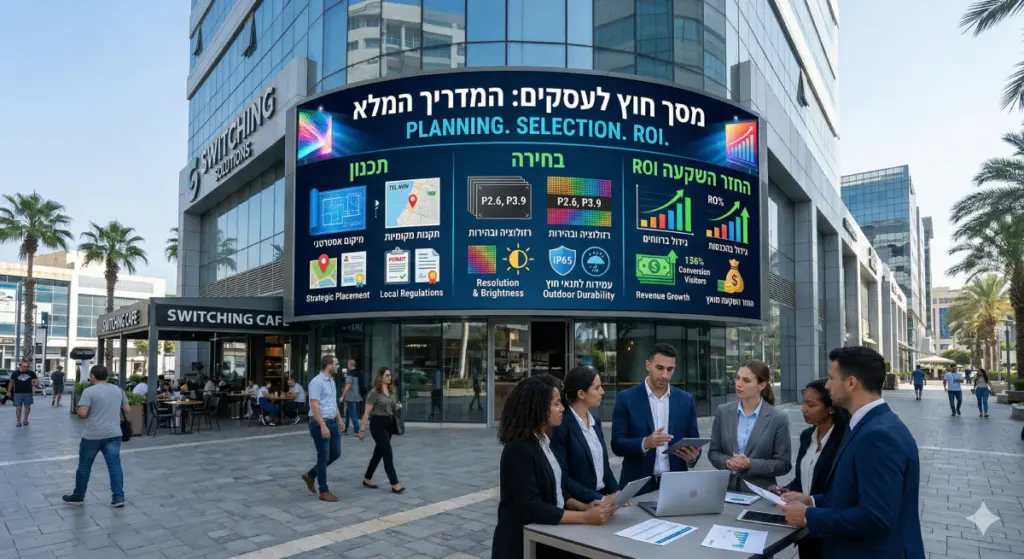 מסך לד חיצוני ענק ומעוקל של Switching LED מותקן בחזית בניין משרדים מודרני, ומציג אינפוגרפיקה מפורטת בעברית ובאנגלית המהווה מדריך לתכנון, בחירה וחישוב החזר השקעה (ROI) עבור עסקים, באור יום מלא.