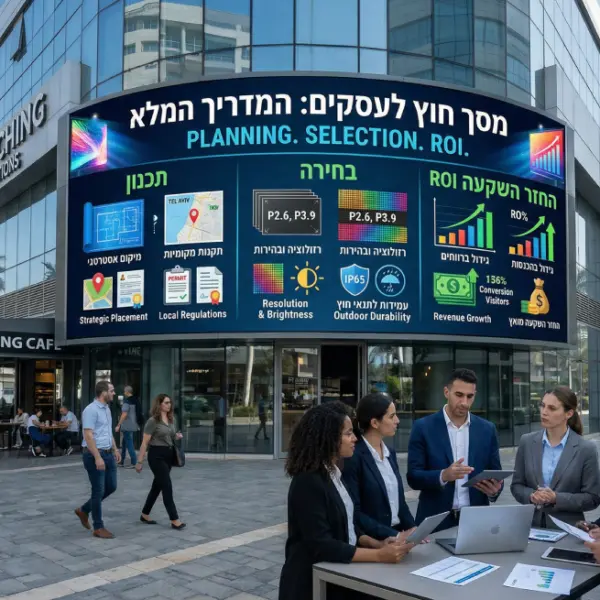 מסך לד חיצוני ענק ומעוקל של Switching LED מותקן בחזית בניין משרדים מודרני, ומציג אינפוגרפיקה מפורטת בעברית ובאנגלית המהווה מדריך לתכנון, בחירה וחישוב החזר השקעה (ROI) עבור עסקים, באור יום מלא.
