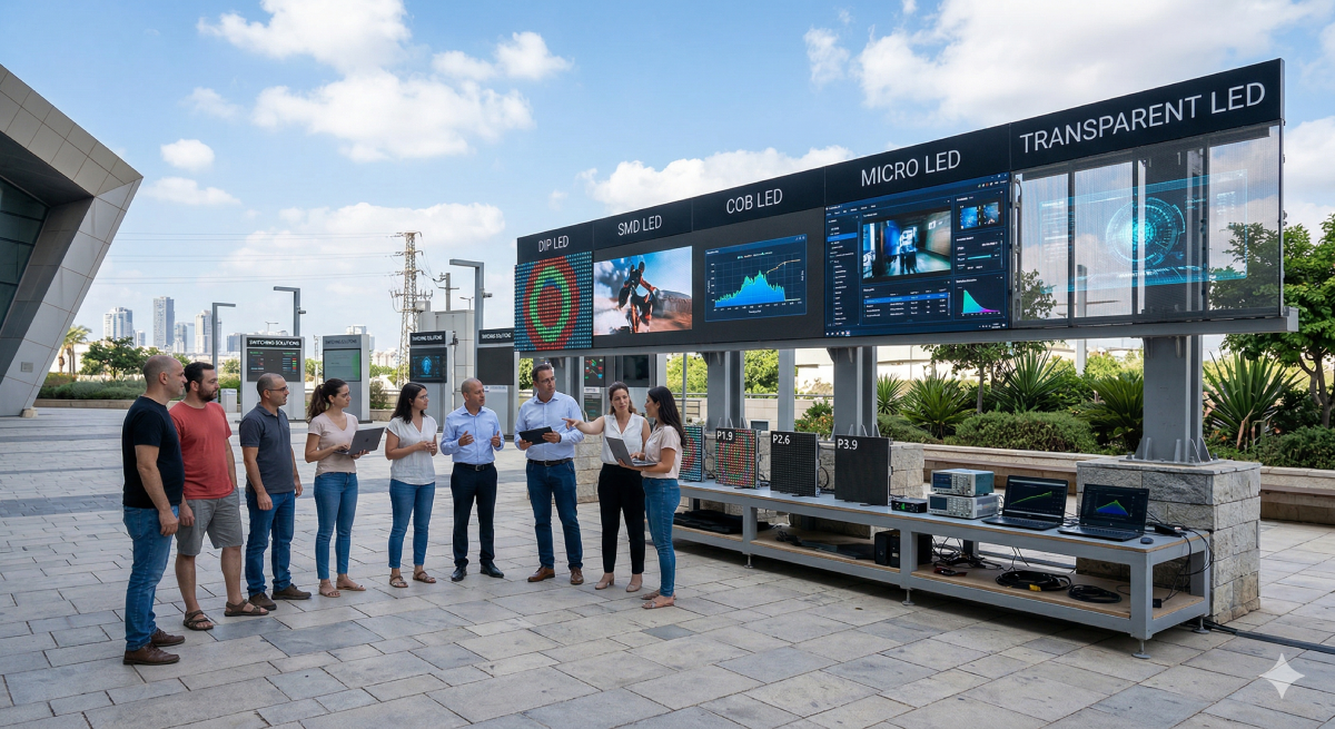 תצוגה השוואתית של סוגי טכנולוגיות מסכי לד לשימוש חוץ, הכוללת פאנלים של DIP ,SMD ,COB ו-Transparent LED, עם צוות מומחים הבוחן את איכות התמונה והמפרט הטכני במתחם תצוגה חיצוני.