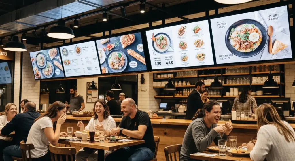 שילוט דיגיטלי למסעדה — מסכי תפריט LED מעל הדלפק