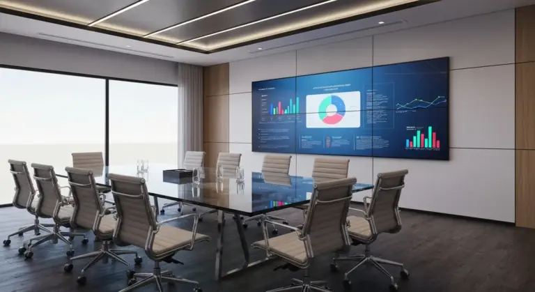 Video Wall לחדר ישיבות עם מצגת עסקית על מסך LED ענק