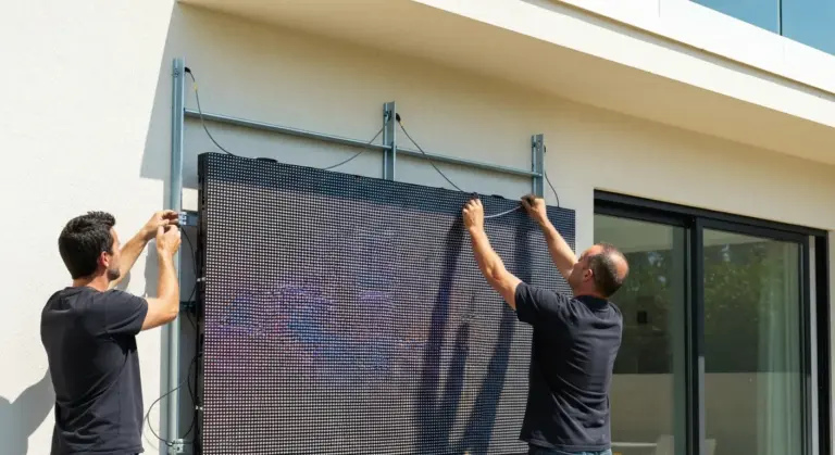התקנת מסך LED על קיר חיצוני בית פרטי על ידי טכנאים מקצועיים