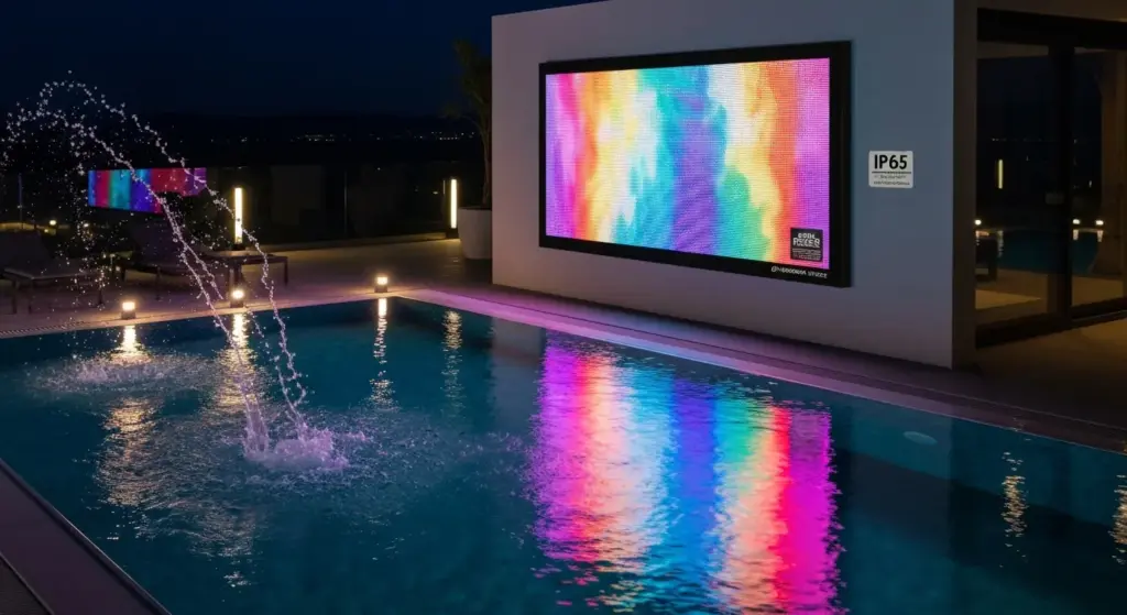מסך LED IP65 מותקן ליד בריכת שחייה בחצר יוקרתית בלילה